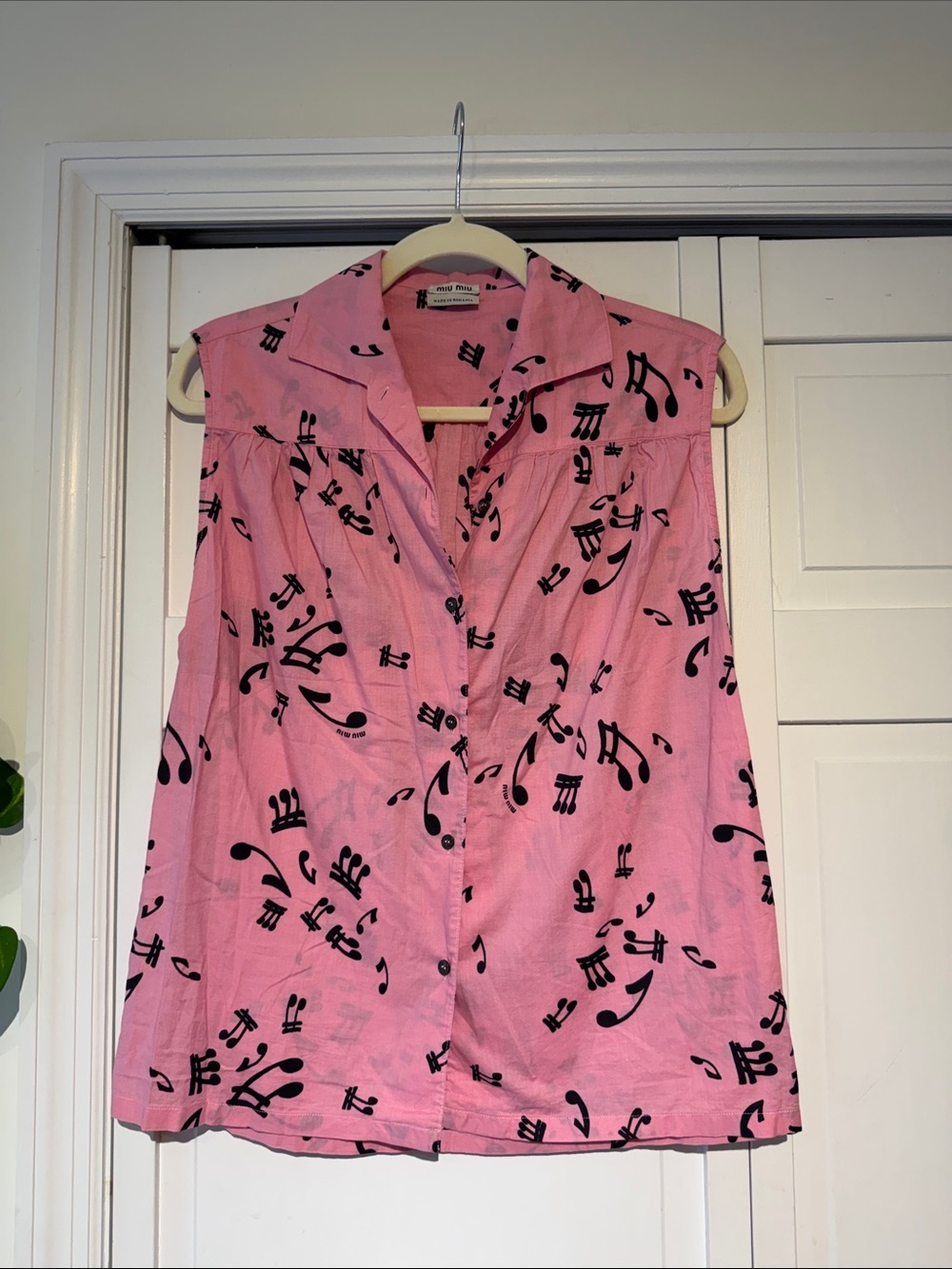 Miu Miu Sleeveless Pink Music-Note Button Front Top S